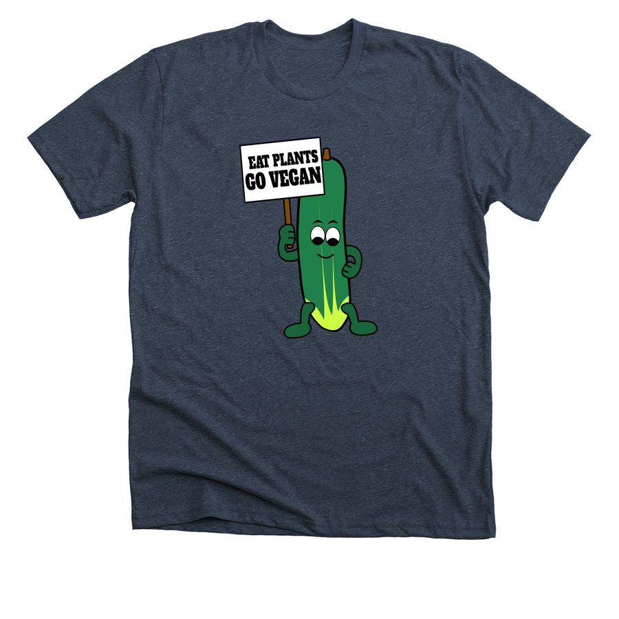 T-shirt featuring cucumber holding sign which reads "Eat Plants Go Vegan"